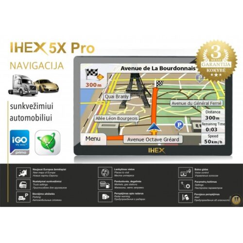 Naujausias GPS NAVIGACIJOS MODELIS IHEX 5X PRO, 5“ EKRANAS, NAVIGACIJA AUTOMOBILIUI IR SUNKVEŽIMIUI